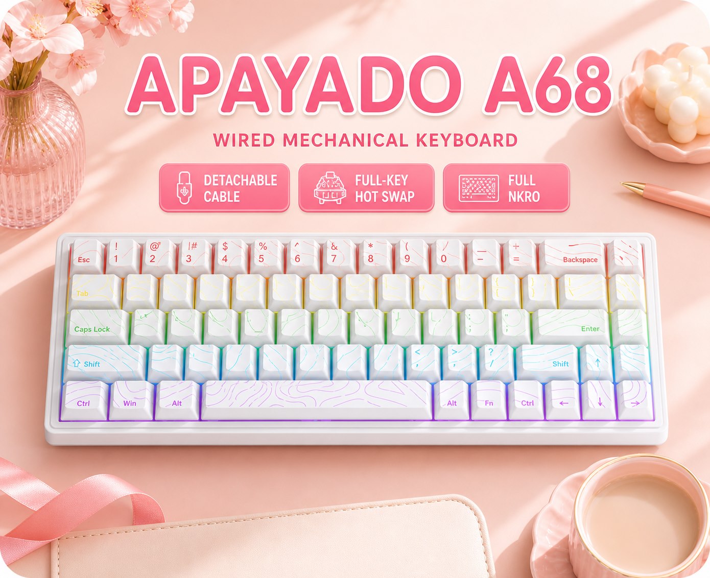 Anti-Ghosting Keyboard - Teclado Mecânico com Fio APAYADO A68,