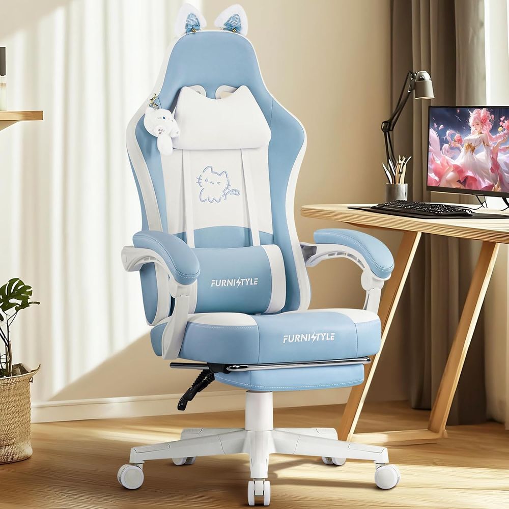 Gaming Chair - Cadeira de Jogos Ergonômica Azul/Branca com